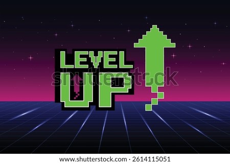 LEVEL UP icon pixel art. 8 bit game. retro game. Retro Futurism Sci-Fi Background. glowing neon grid. and stars from vintage arcade computer games