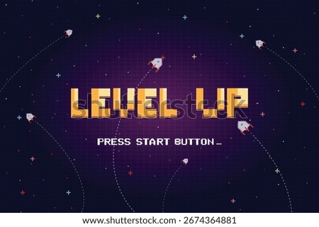LEVEL UP icon pixel art. 8 bit game. retro game. Retro Futurism Sci-Fi Background. glowing neon grid. and stars from vintage arcade computer games