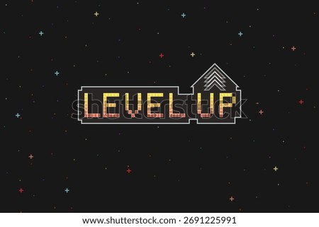 LEVEL UP icon, Pixel art. 8 bit game. Retro Futurism Sci-Fi Background. glowing neon grid. and stars from vintage arcade computer games