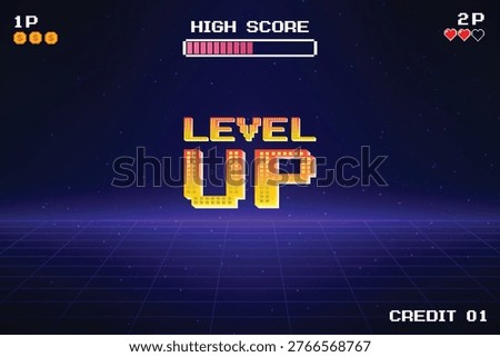 LEVEL UP icon. Pixel art 8 bit. Retro Futurism Sci-Fi Background. glowing neon grid. and stars from vintage arcade computer games