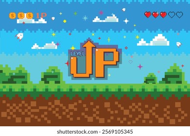 LEVEL UP icon. pixel game background, natural landscape with blue sky, trees and green grass. Pixelated 8 bit video-game. Arcade interface with golden cup and stars. Computer game victory.