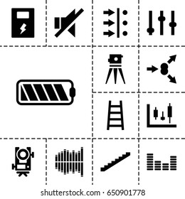 Level icon. set of 13 filled levelicons such as stairs, level equipment, theodolite, ladder, no sound, equalizer, battery, atom move, adjust