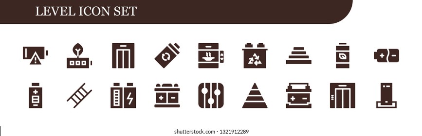 level icon set. 18 filled level icons.  Simple modern icons about  - Empty battery, Battery, Lift, Elevator, Pyramid, Ladder, Levels, Charger