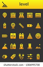 level icon set. 26 filled level icons.  Simple modern icons about  - Diminish, Control, Battery, Sliders, Slider, Levels, Meter, Ladder, Pyramid, Full battery, Elevator, Tachometer