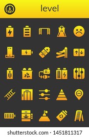 level icon set. 26 filled level icons.  Collection Of - Battery, Tachometer, Full battery, Ladder, Slider, Unhappy, Charger, Elevator, Plumb bob, Levels, Control, Pyramid, Diminish