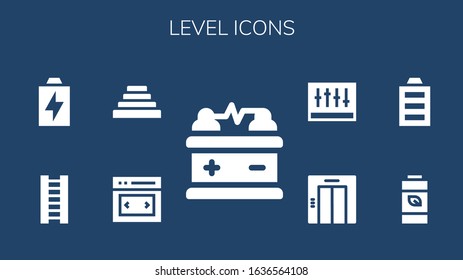 level icon set. 9 filled level icons.  Simple modern icons such as: Battery, Slider, Pyramid, Ladder, Full battery, Elevator, Levels