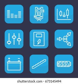 Level icon. set of 9 outline level icons such as stairs, level equipment, equalizer, battery, adjust, atom move