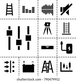 Level icons. set of 13 editable filled level icons such as theodolite, panel control, ladder, atom move, no sound, equalizer, battery, level ruler