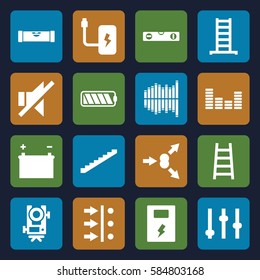 level icons set. Set of 16 level filled icons such as ladder, stairs, no sound, equalizer, battery, atom move