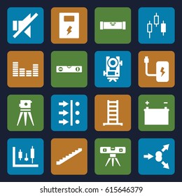Level icons set. set of 16 level filled icons such as ladder, stairs, theodolite, no sound, equalizer, battery, atom move, panel control