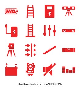 Level icons set. set of 16 level filled icons such as ladder, stairs, theodolite, no sound, equalizer, battery, atom move