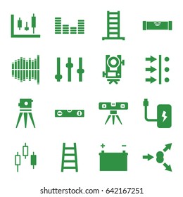 Level icons set. set of 16 level filled icons such as ladder, theodolite, equalizer, battery, atom move, adjust, panel control