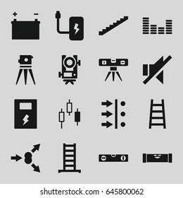 Level icons set. set of 16 level filled icons such as ladder, stairs, no sound, equalizer, battery