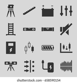 Level icons set. set of 16 level filled icons such as ladder, stairs, level ruler, theodolite, no sound, equalizer, battery, atom move, adjust, panel control
