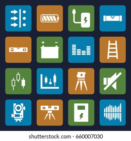 Level icons set. set of 16 level filled icons such as theodolite, ladder, no sound, equalizer, battery, atom move, panel control