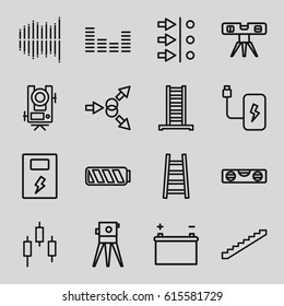 Level icons set. set of 16 level outline icons such as ladder, stairs, theodolite, equalizer, battery, atom move