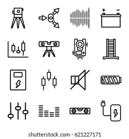 Level icons set. set of 16 level outline icons such as ladder, theodolite, no sound, equalizer, battery, adjust, atom move, panel control