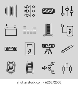 Level icons set. set of 16 level outline icons such as ladder, stairs, equalizer, battery, adjust, atom move