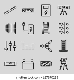 Level icons set. set of 16 level outline icons such as ladder, stairs, level ruler, theodolite, equalizer, battery, adjust