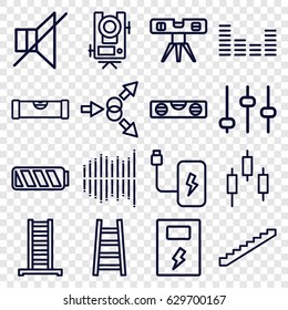 Level icons set. set of 16 level outline icons such as ladder, stairs, no sound, equalizer, battery, adjust, atom move