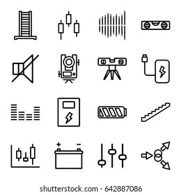 Level icons set. set of 16 level outline icons such as ladder, stairs, no sound, equalizer, battery, adjust, atom move, panel control