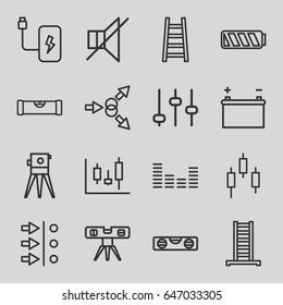 Level icons set. set of 16 level outline icons such as ladder, level ruler, theodolite, no sound, equalizer, battery, adjust, atom move, panel control