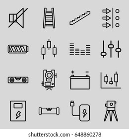 Level icons set. set of 16 level outline icons such as stairs, theodolite, ladder, no sound, equalizer, battery, adjust, atom move, panel control