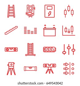 Level icons set. set of 16 level outline icons such as ladder, stairs, theodolite, equalizer, battery, adjust, atom move, panel control
