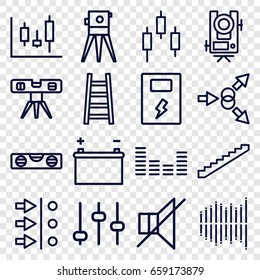 Level icons set. set of 16 level outline icons such as stairs, theodolite, ladder, no sound, equalizer, battery, adjust, atom move, panel control