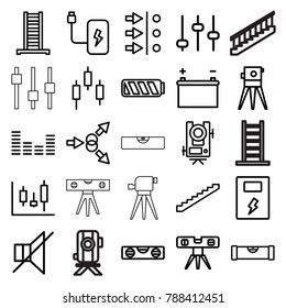 Level icons. set of 25 editable outline level icons such as ladder, stairs, theodolite, adjust, panel control, control panel, atom move, no sound, equalizer