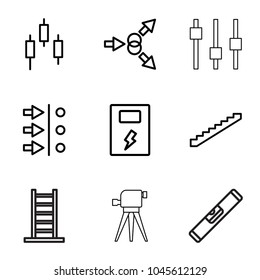 Level icons. set of 9 editable outline level icons such as stairs, control panel, atom move, battery, ladder, level ruler, theodolite