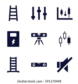 level icons set. Set of 9 level filled icons such as ladder, level ruler, no sound, battery, adjust, panel control