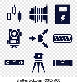 Level icons set. set of 9 level filled icons such as theodolite, equalizer, battery, atom move