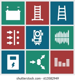 Level icons set. set of 9 level filled icons such as ladder, level equipment, equalizer, battery