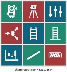 Level icons set. set of 9 level filled icons such as ladder, stairs, level equipment, theodolite, battery, atom move, adjust