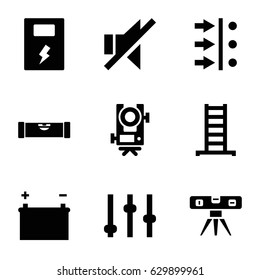 Level icons set. set of 9 level filled icons such as ladder, no sound, battery, atom move