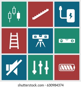 Level icons set. set of 9 level filled icons such as stairs, level ruler, ladder, no sound, battery, adjust