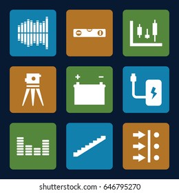 Level icons set. set of 9 level filled icons such as stairs, level ruler, theodolite, equalizer, battery, atom move