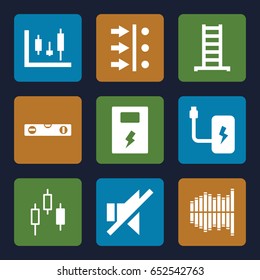 Level icons set. set of 9 level filled icons such as ladder, level ruler, no sound, equalizer, battery, atom move, panel control