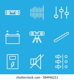 level icons set. Set of 9 level outline icons such as stairs, level ruler, no sound, equalizer, battery, adjust