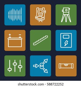 level icons set. Set of 9 level outline icons such as stairs, theodolite, equalizer, battery, adjust