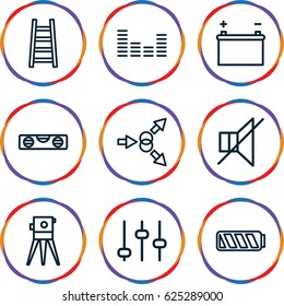 Level icons set. set of 9 level outline icons such as level ruler, theodolite, ladder, no sound, equalizer, battery, adjust