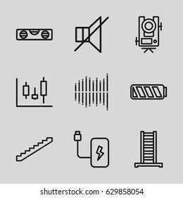 Level icons set. set of 9 level outline icons such as ladder, stairs, no sound, equalizer, battery