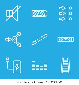 Level icons set. set of 9 level outline icons such as stairs, level ruler, ladder, no sound, equalizer, battery