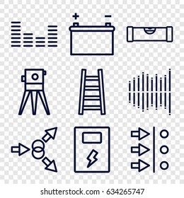Level icons set. set of 9 level outline icons such as level ruler, theodolite, ladder, equalizer, battery