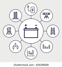 Level icons set. set of 9 level outline icons such as ladder, theodolite, level ruler, equalizer, battery, panel control