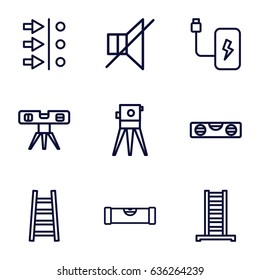 Level icons set. set of 9 level outline icons such as ladder, level ruler, theodolite, no sound, battery