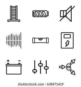 Level icons set. set of 9 level outline icons such as ladder, level ruler, no sound, equalizer, battery, adjust