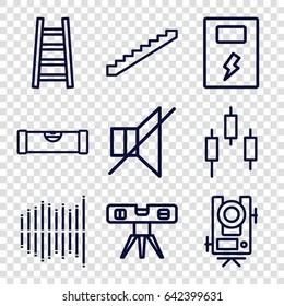 Level icons set. set of 9 level outline icons such as stairs, ladder, no sound, equalizer, battery