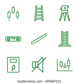 Level icons set. set of 9 level outline icons such as ladder, stairs, level ruler, theodolite, no sound, battery, panel control